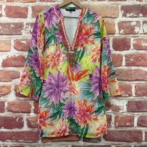 Boston Proper Dress Women's XS Multicolor Tropical Floral Palm Resort Beaded